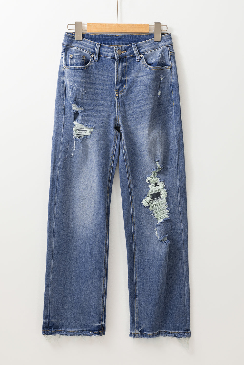 The Aurora Touch Blue Distressed Raw Hem Straight Leg High Waist Jeans