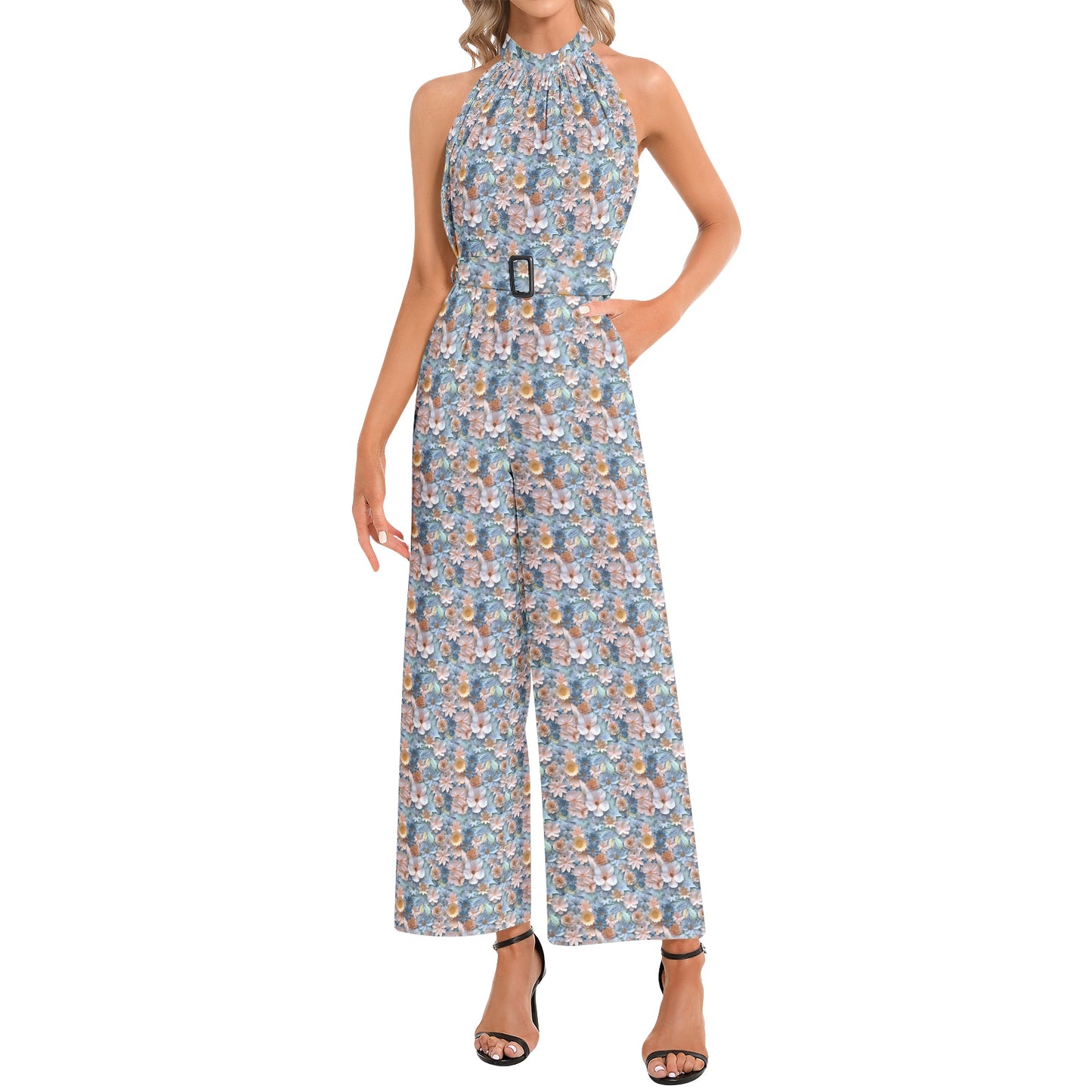 Spring Summer Pastel 3D Floral Pattern Halter Neck Buckle Belted Jumpsuit