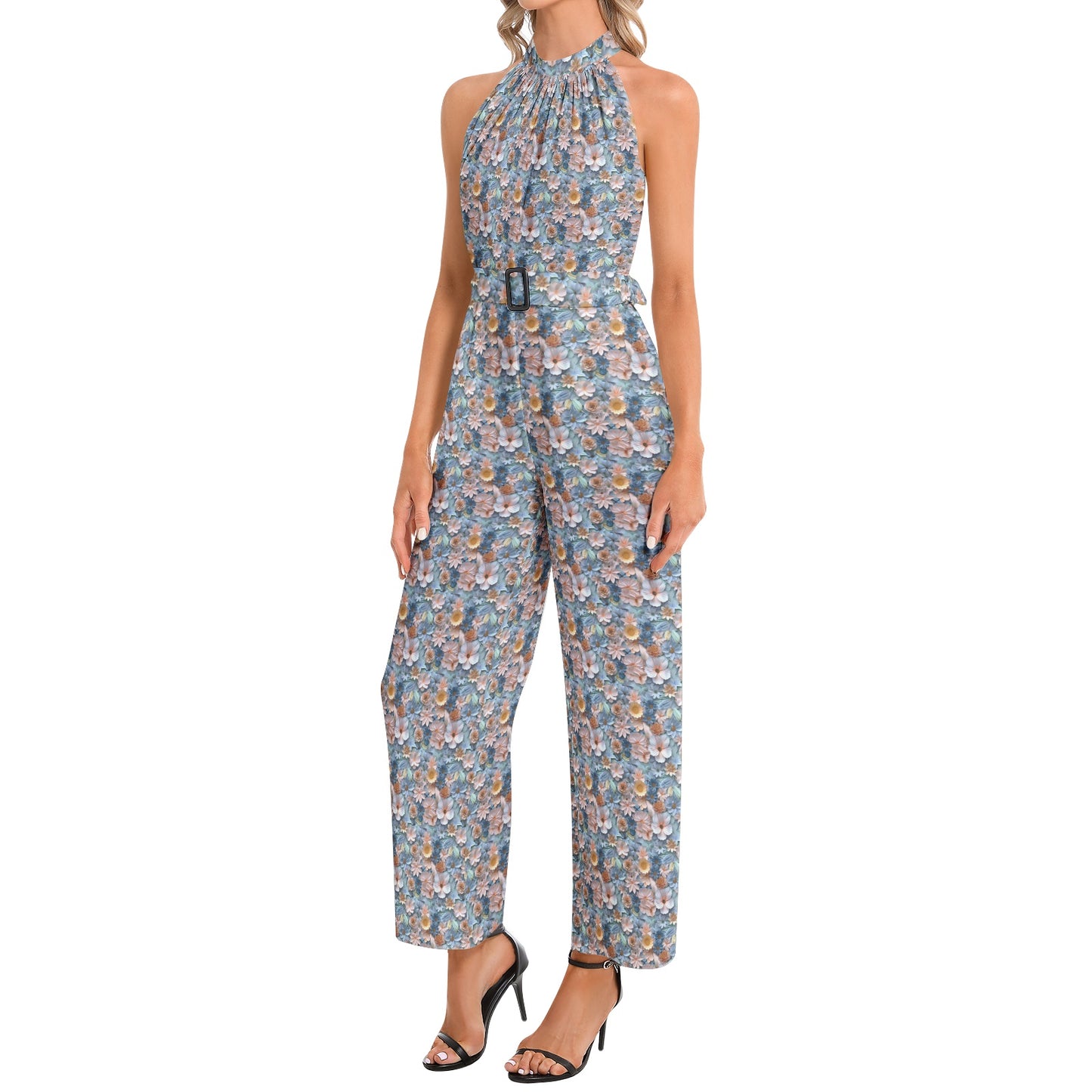 Spring Summer Pastel 3D Floral Pattern Halter Neck Buckle Belted Jumpsuit