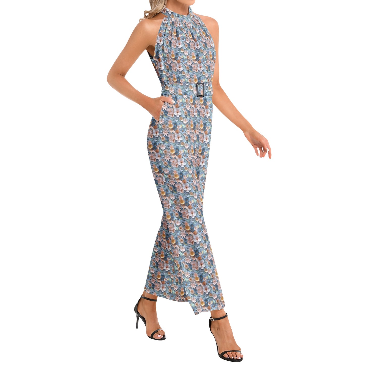 Spring Summer Pastel 3D Floral Pattern Halter Neck Buckle Belted Jumpsuit
