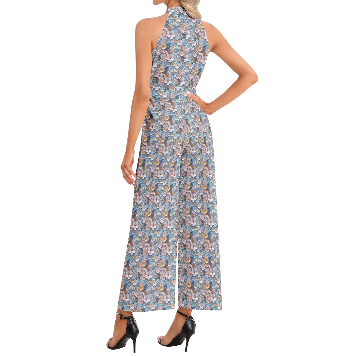 Spring Summer Pastel 3D Floral Pattern Halter Neck Buckle Belted Jumpsuit