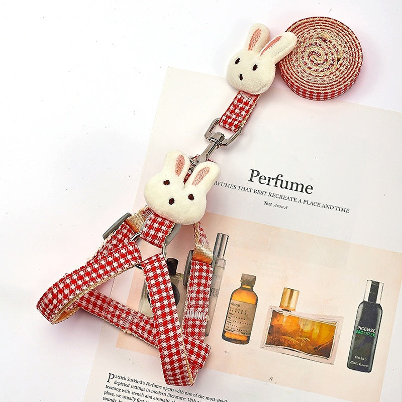 Rabbit Print Dog Harness & Leash Set - Adjustable Chest/Back Clip Small Medium Dogs - Hand-Holding Rope Design - Cute Pet Walking Gear for Puppies