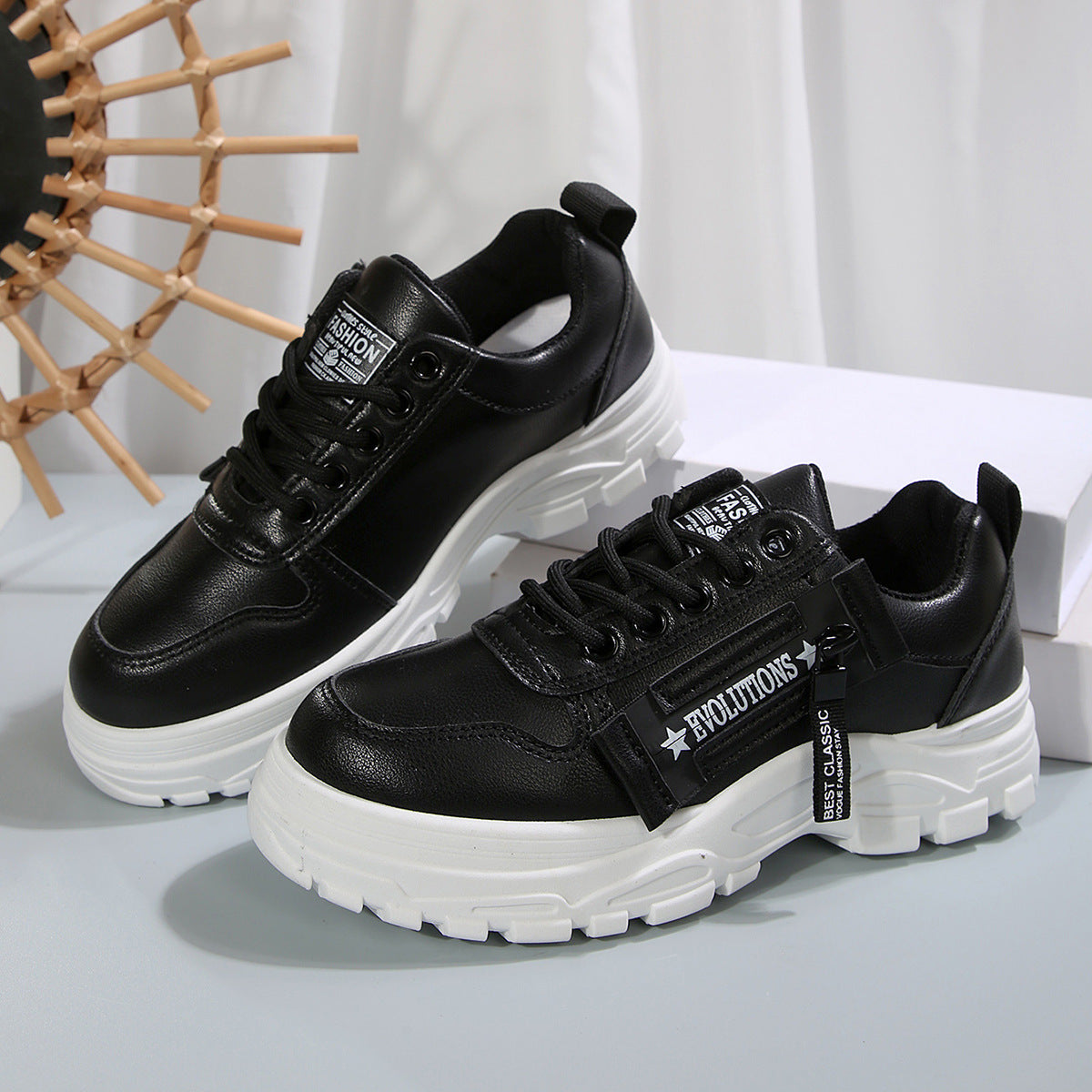 Lace-up Sports Shoes With Side-Zipper Design | Fashion Thick-soled Round-toe Casual Shoes For Women Sneakers
