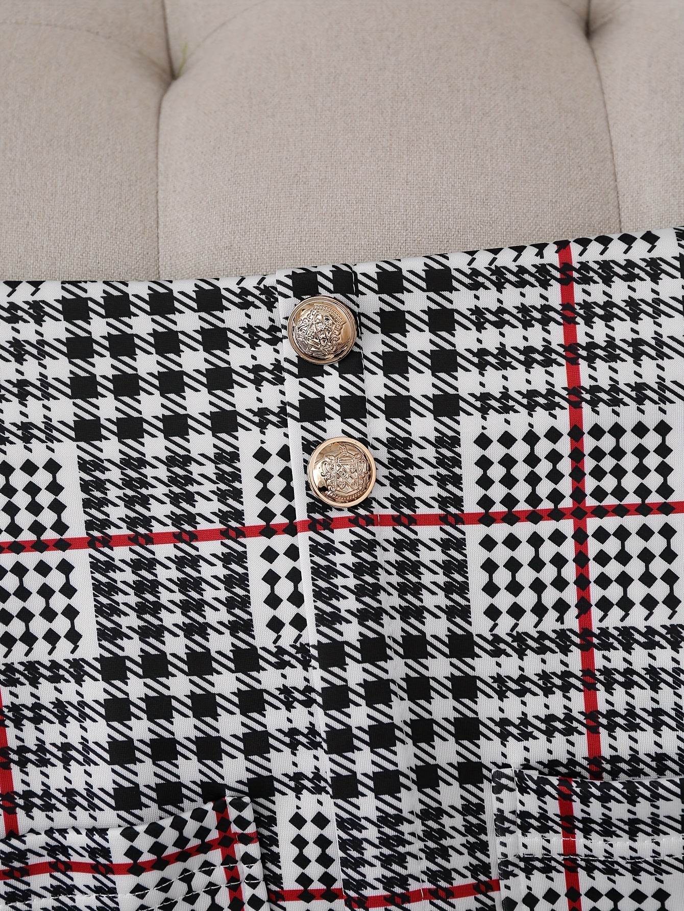 Ladies Fashion Casual Slim Suit Two-piece Plaid Pattern with Buttons, Lapel Long Sleeve Suit Jacket and High Waist Skirt