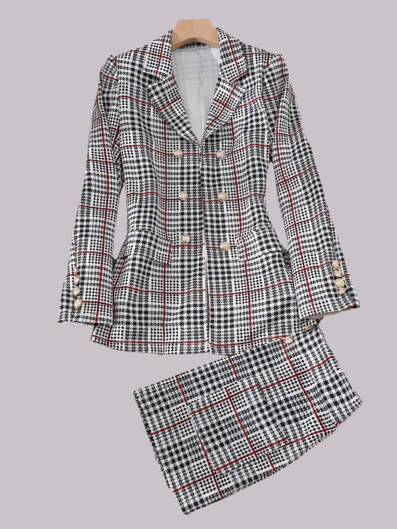 Ladies Fashion Casual Slim Suit Two-piece Plaid Pattern with Buttons, Lapel Long Sleeve Suit Jacket and High Waist Skirt