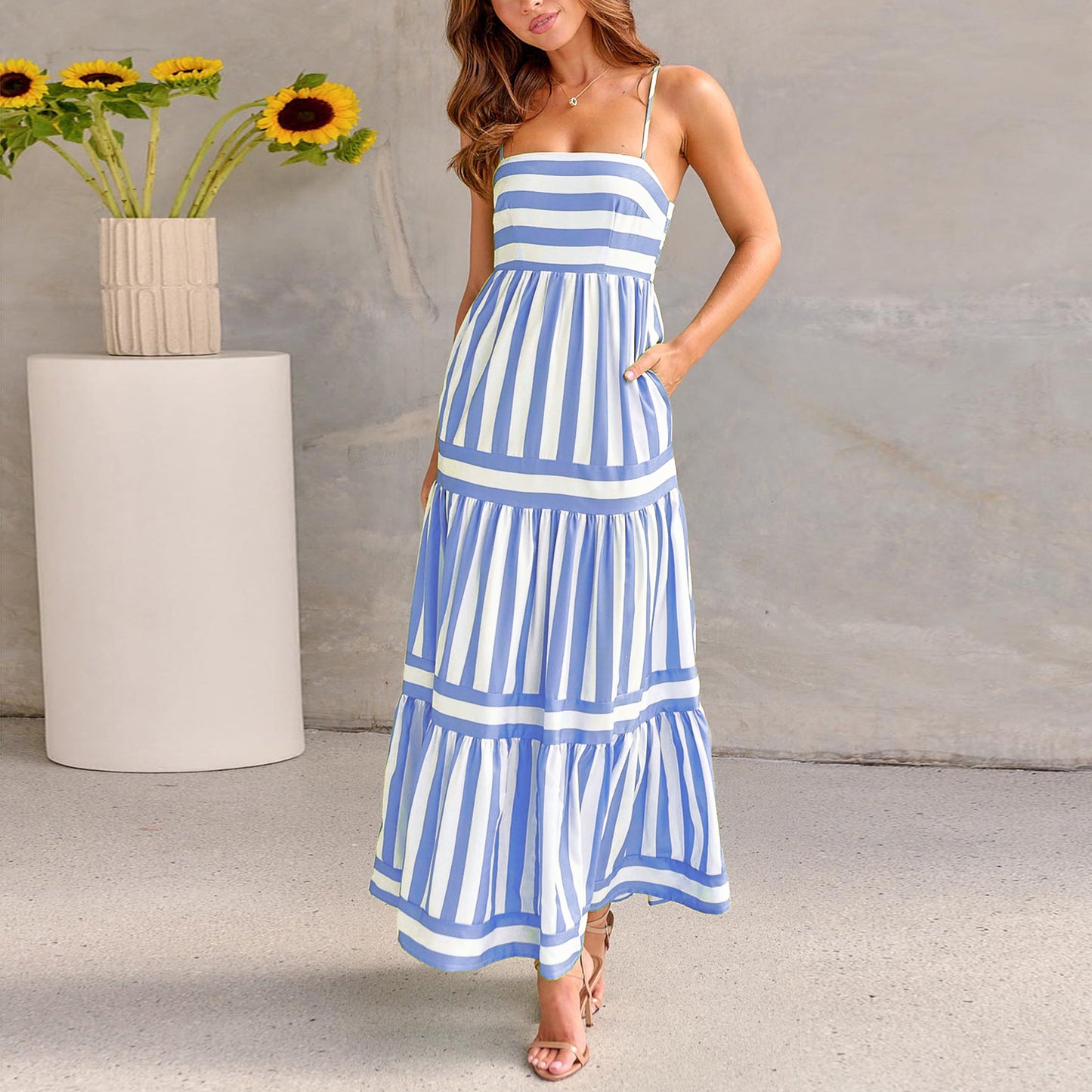 Summer Striped Printed Suspender Long Dress With Pockets | Fashion Square Neck Backless Dress