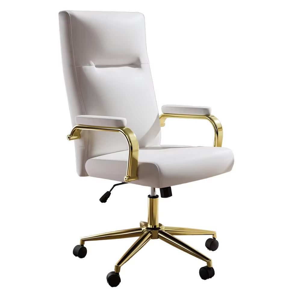 Executive Stylish White Leather Office Chair High Back with Gold Arms and Wheels | Excellent Back Support