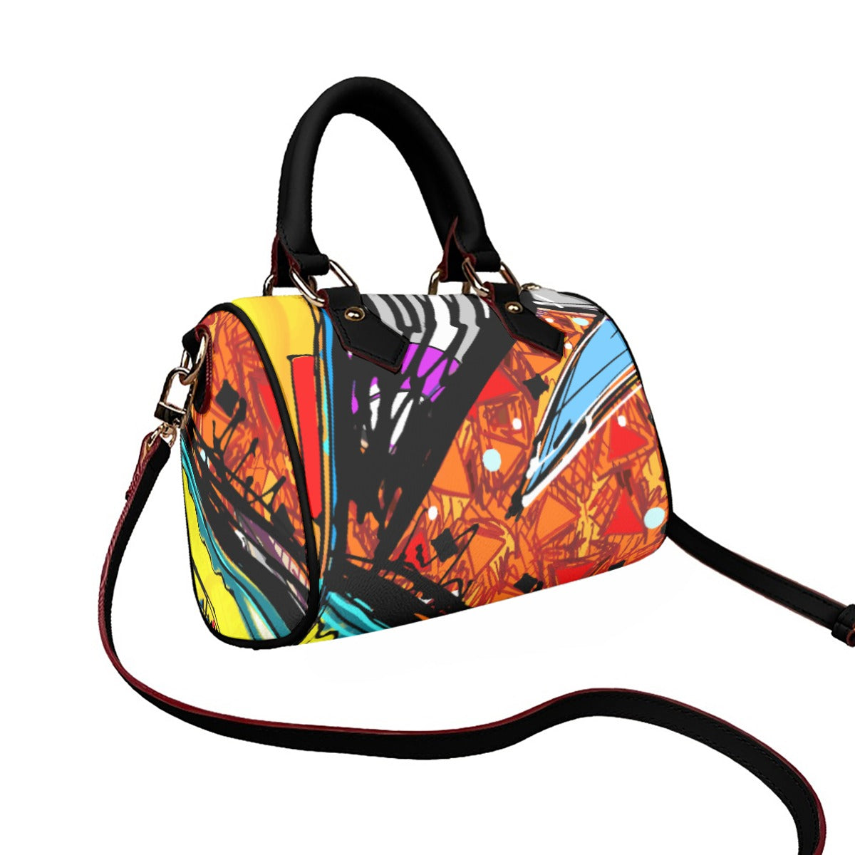 Classic Barrel-Shaped Vegan Leather Handbag- Retro Bold Print Design