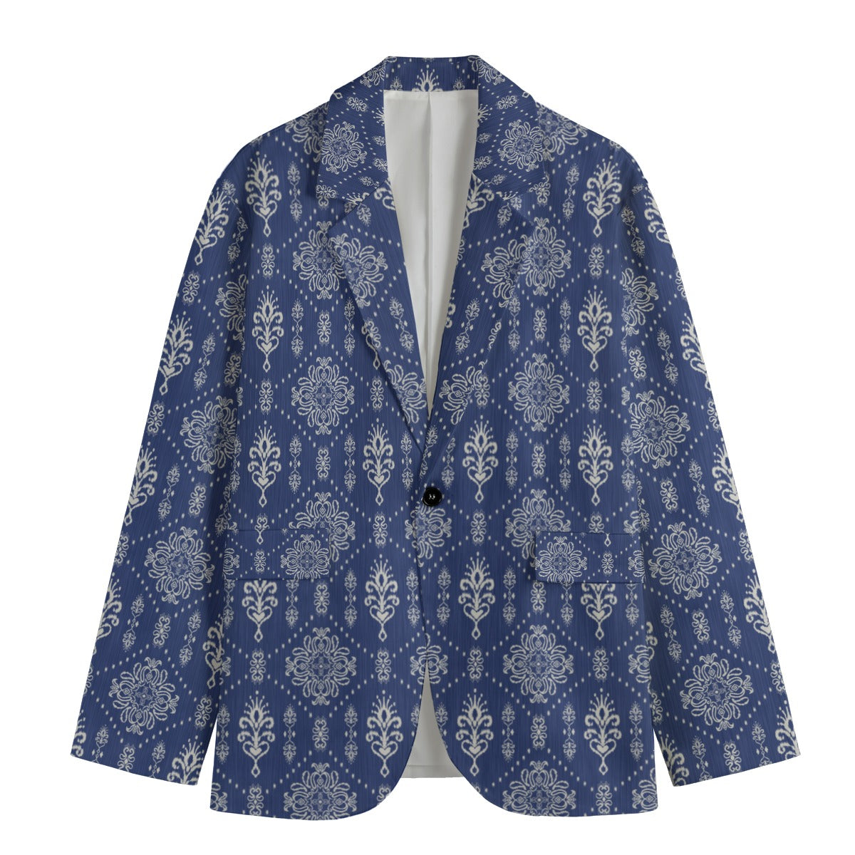Royal Blue Damask Pattern All-Over Print Men's Casual Flat Lapel Collar Blazer | 100% Cotton
