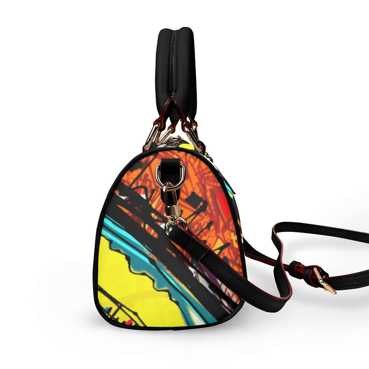 Classic Barrel-Shaped Vegan Leather Handbag- Retro Bold Print Design