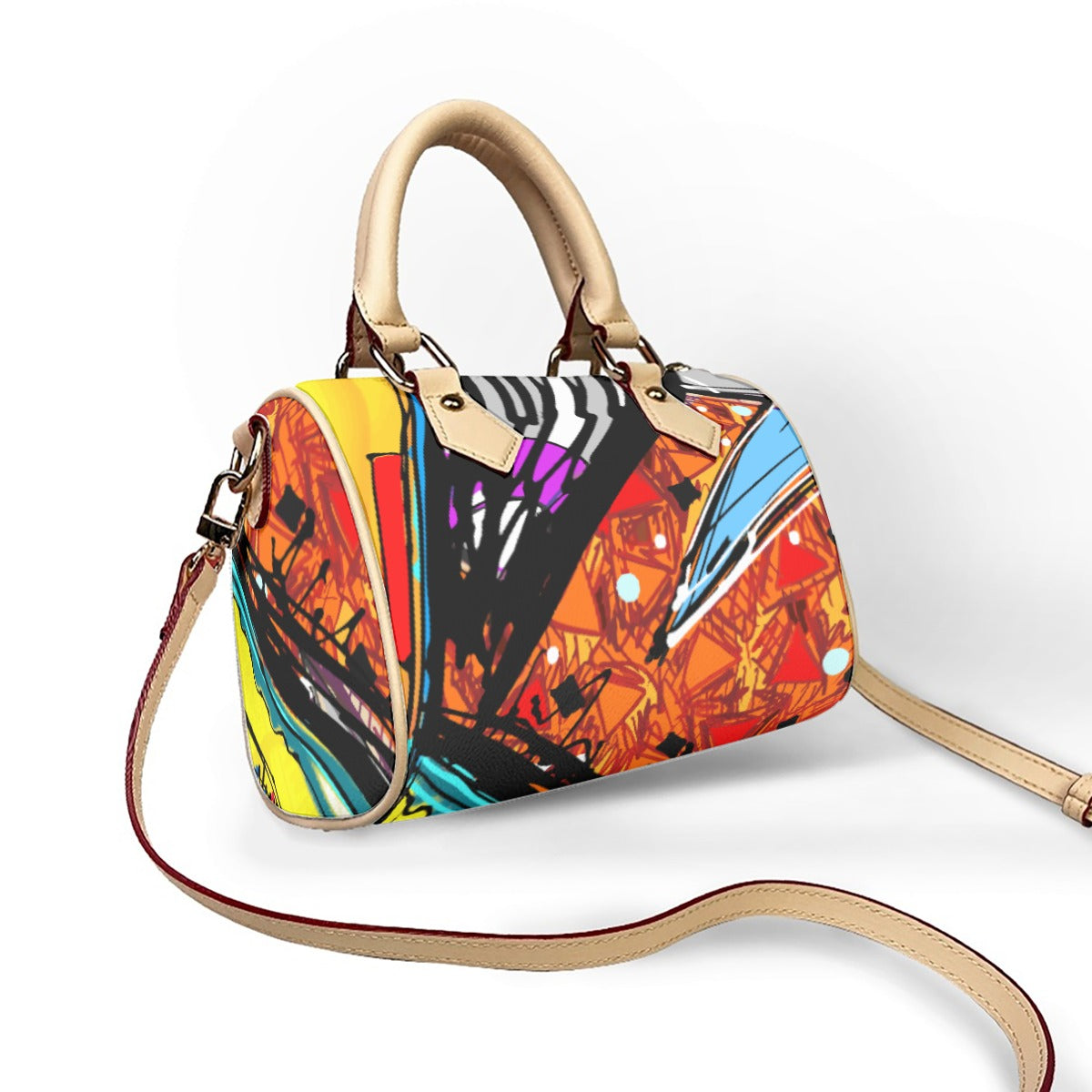 Classic Barrel-Shaped Vegan Leather Handbag- Retro Bold Print Design