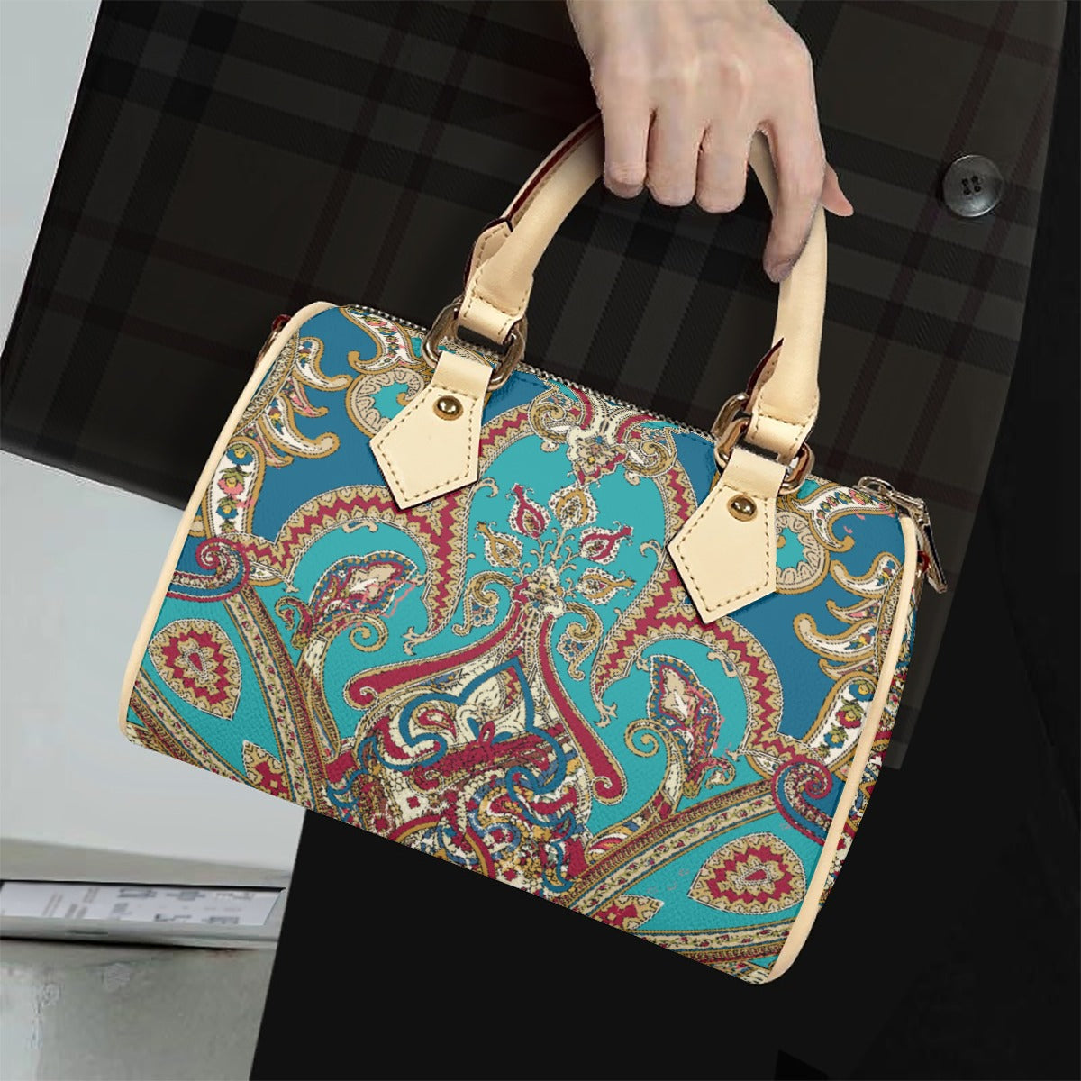 Classic Barrel-Shaped Vegan Leather Luxury Handbag- Paisley Print Design