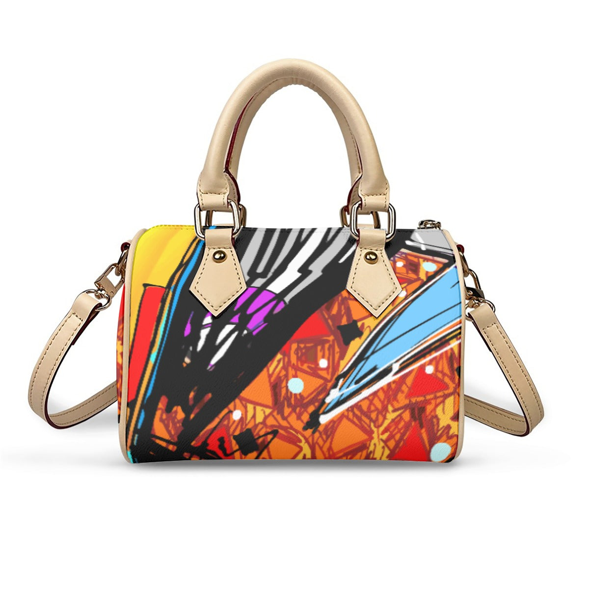 Classic Barrel-Shaped Vegan Leather Handbag- Retro Bold Print Design