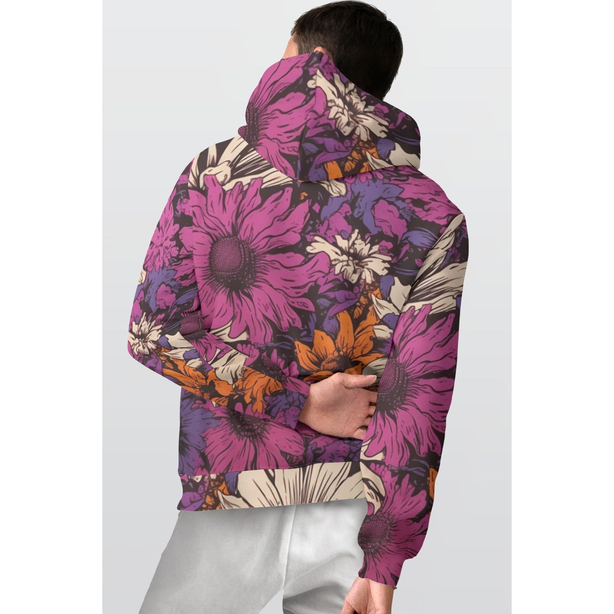Purple Floral All-Over Print Men's Thicken Pullover Hoodie