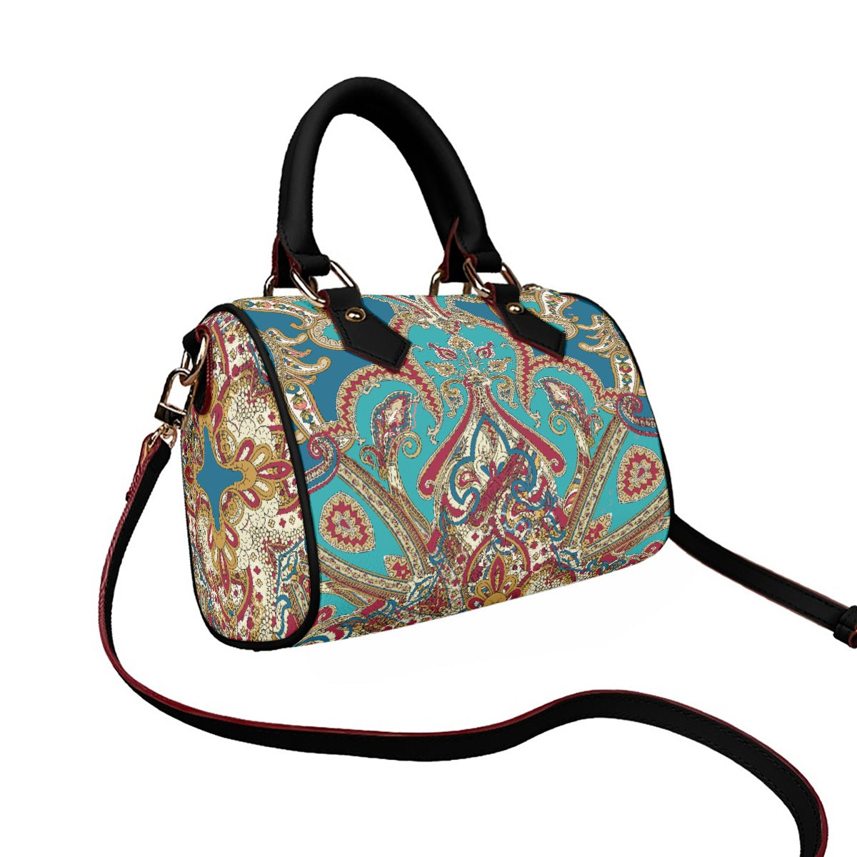 Classic Barrel-Shaped Vegan Leather Luxury Handbag- Paisley Print Design