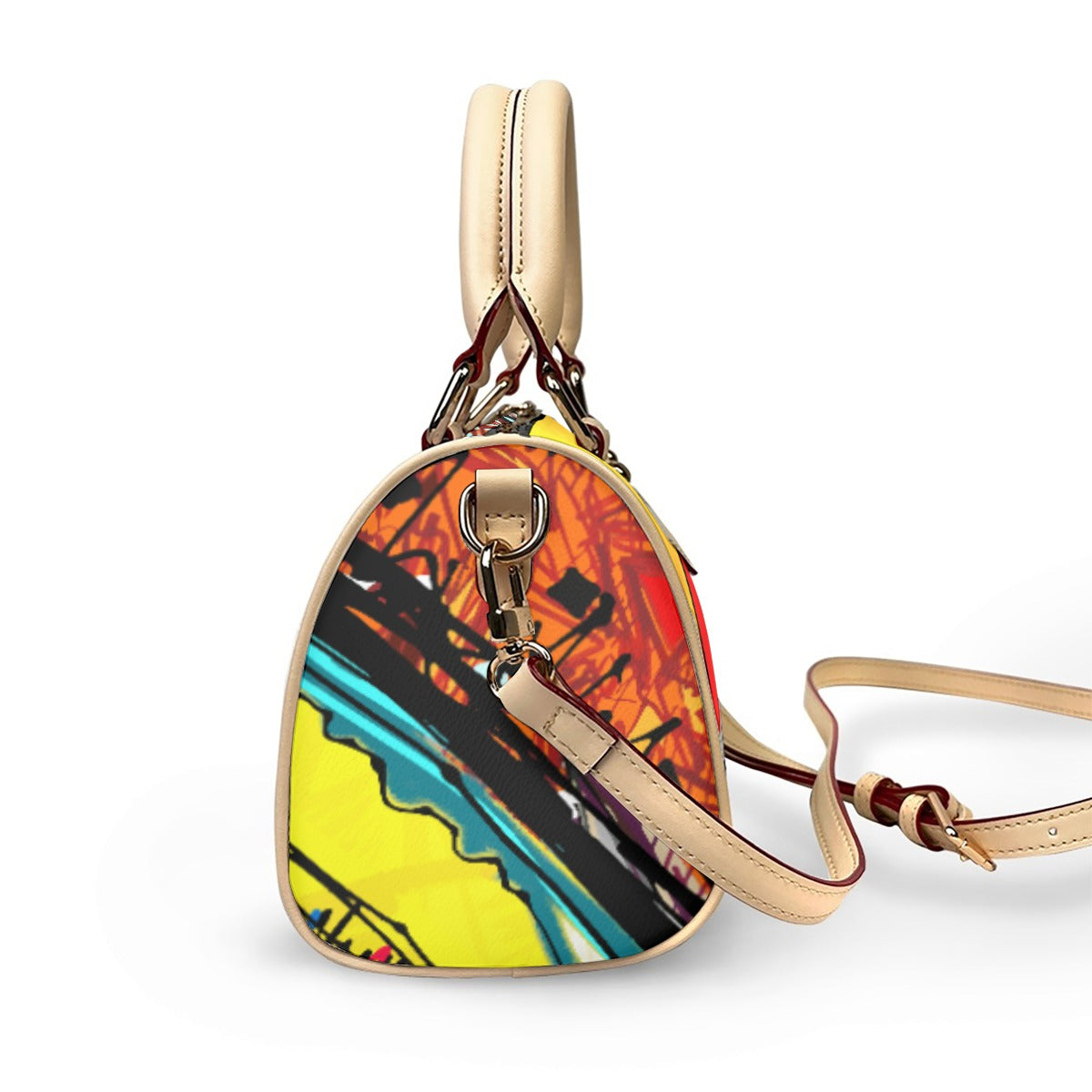 Classic Barrel-Shaped Vegan Leather Handbag- Retro Bold Print Design