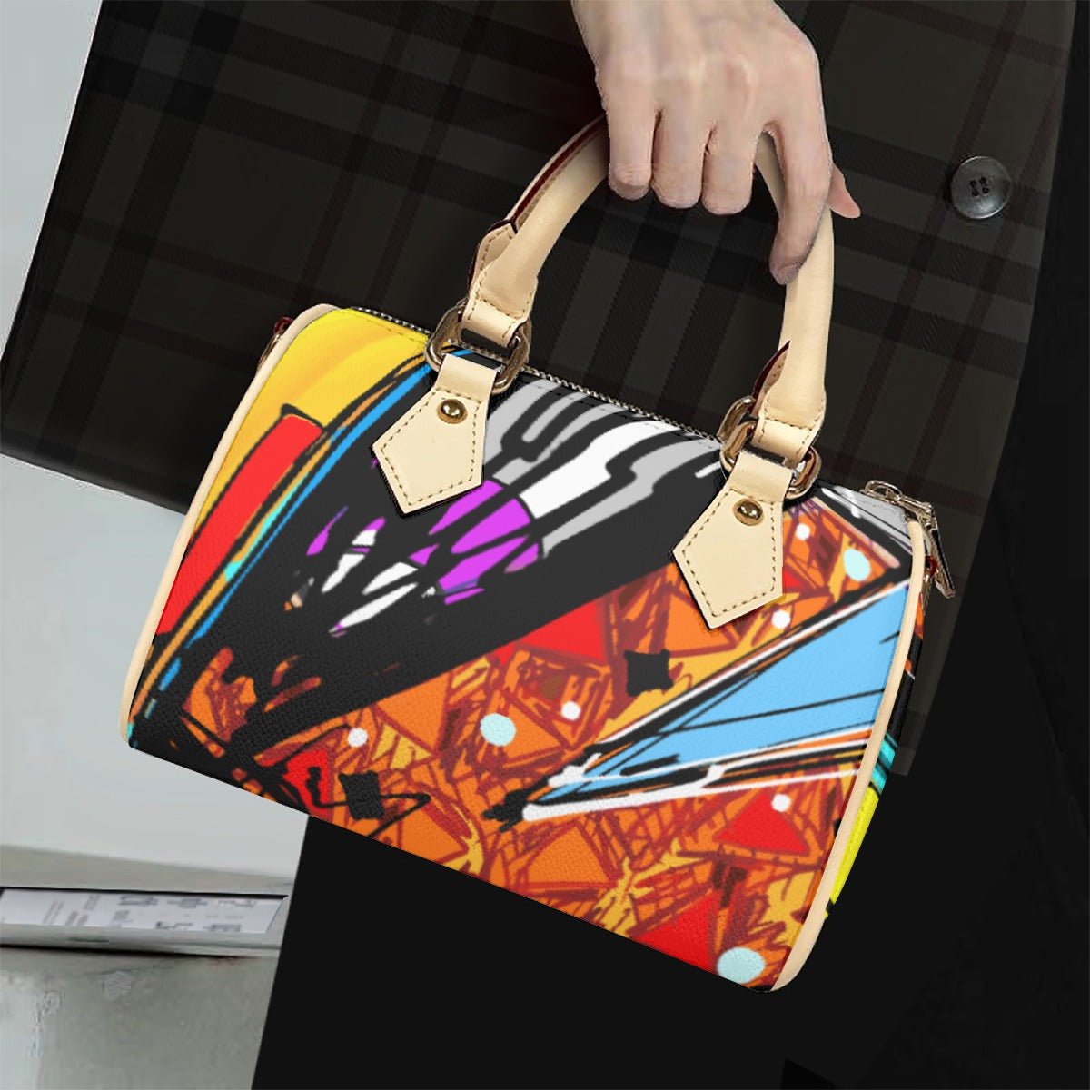 Classic Barrel-Shaped Vegan Leather Handbag- Retro Bold Print Design
