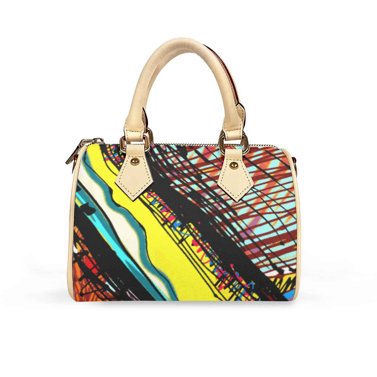 Classic Barrel-Shaped Vegan Leather Handbag- Retro Bold Print Design