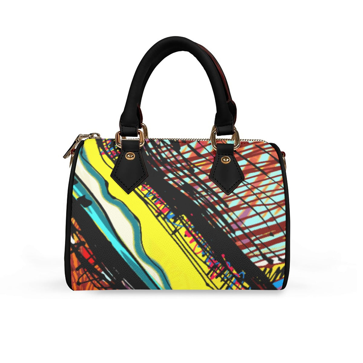 Classic Barrel-Shaped Vegan Leather Handbag- Retro Bold Print Design