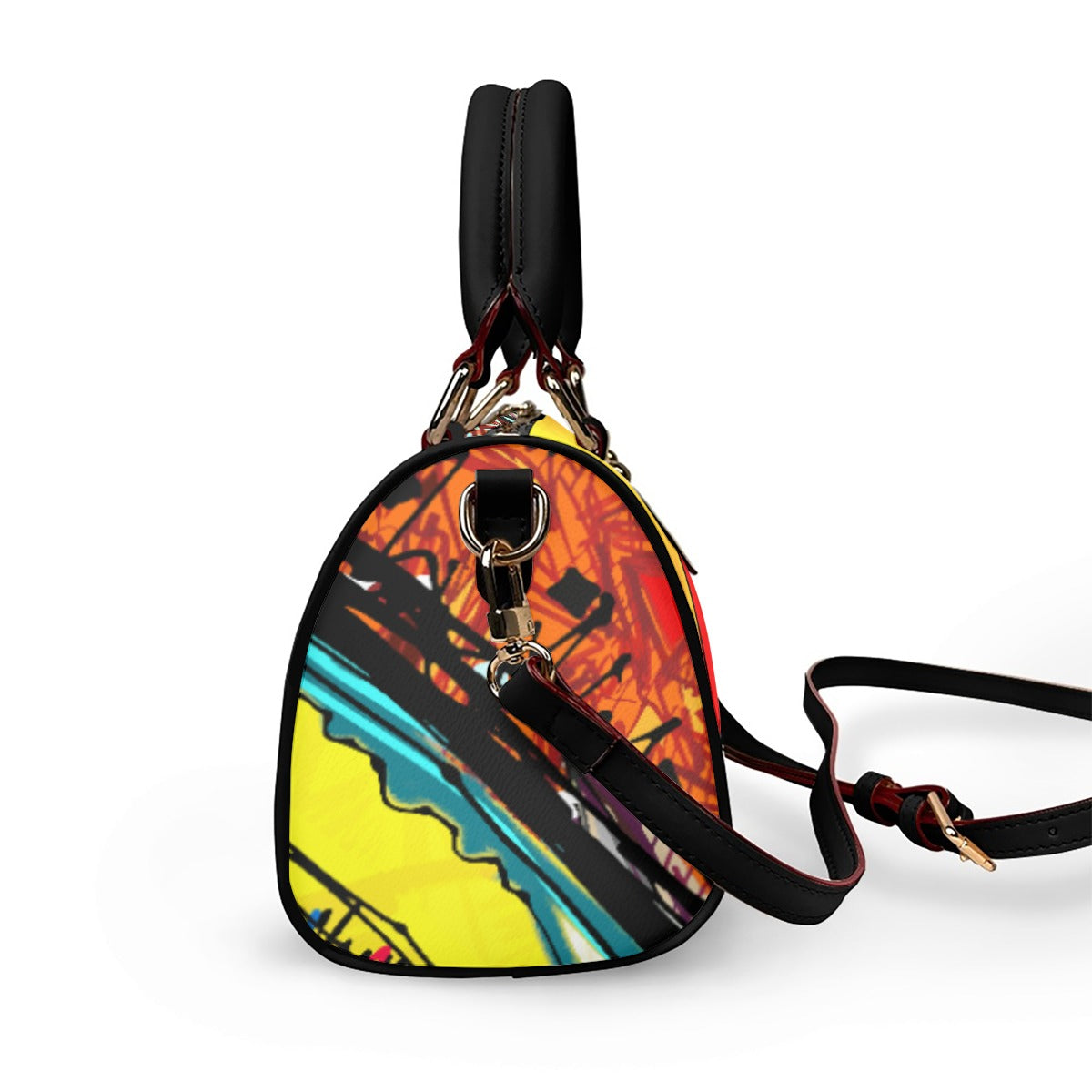 Classic Barrel-Shaped Vegan Leather Handbag- Retro Bold Print Design