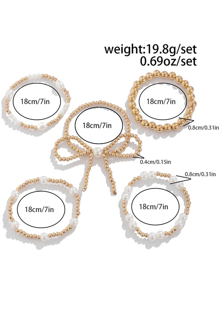 Gold Bow Knot Pearl Beaded Multi Layered Bracelet Set The Aurora Touch