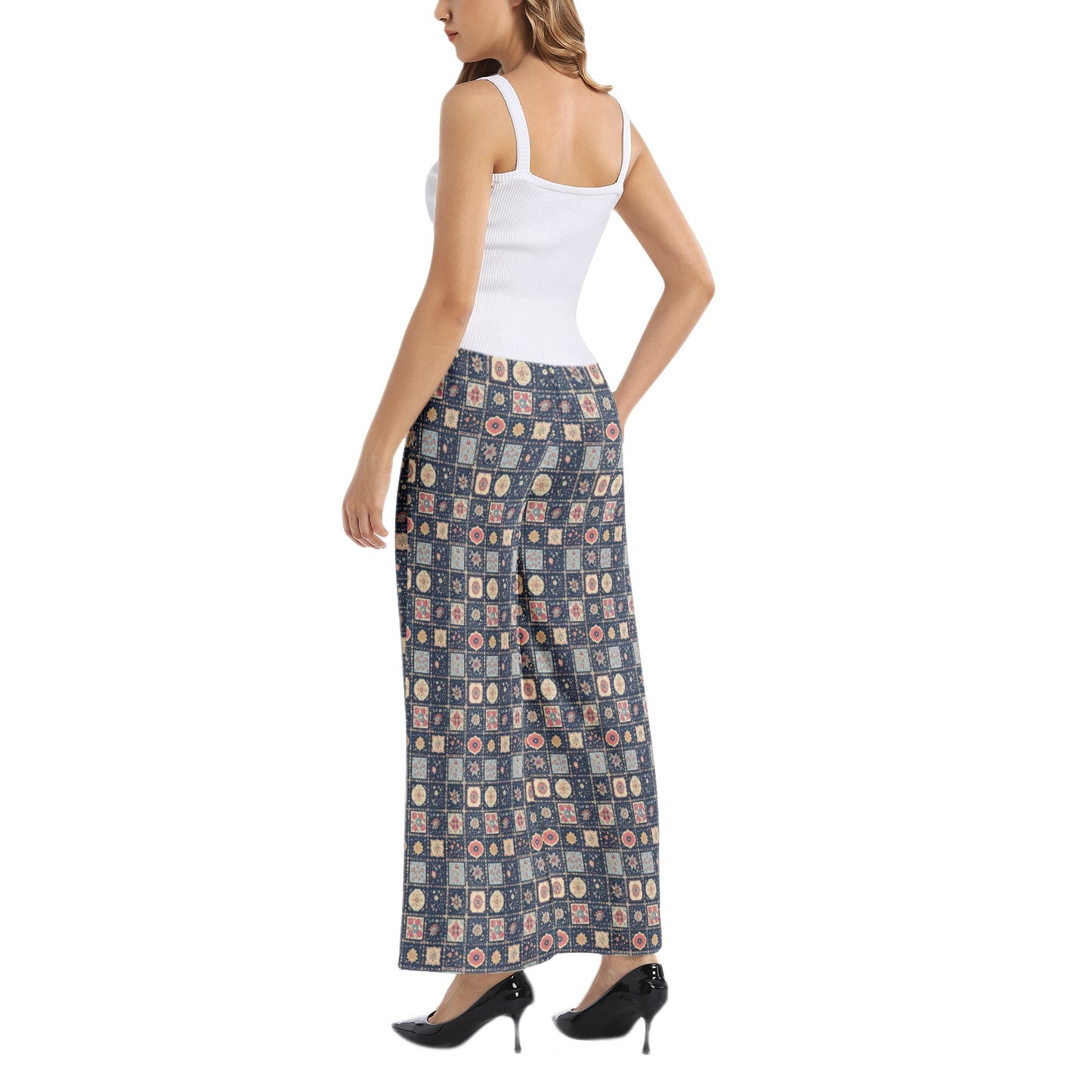 Ladies Pastel Breathable Geometric Elastic Waist Wide Leg Pants