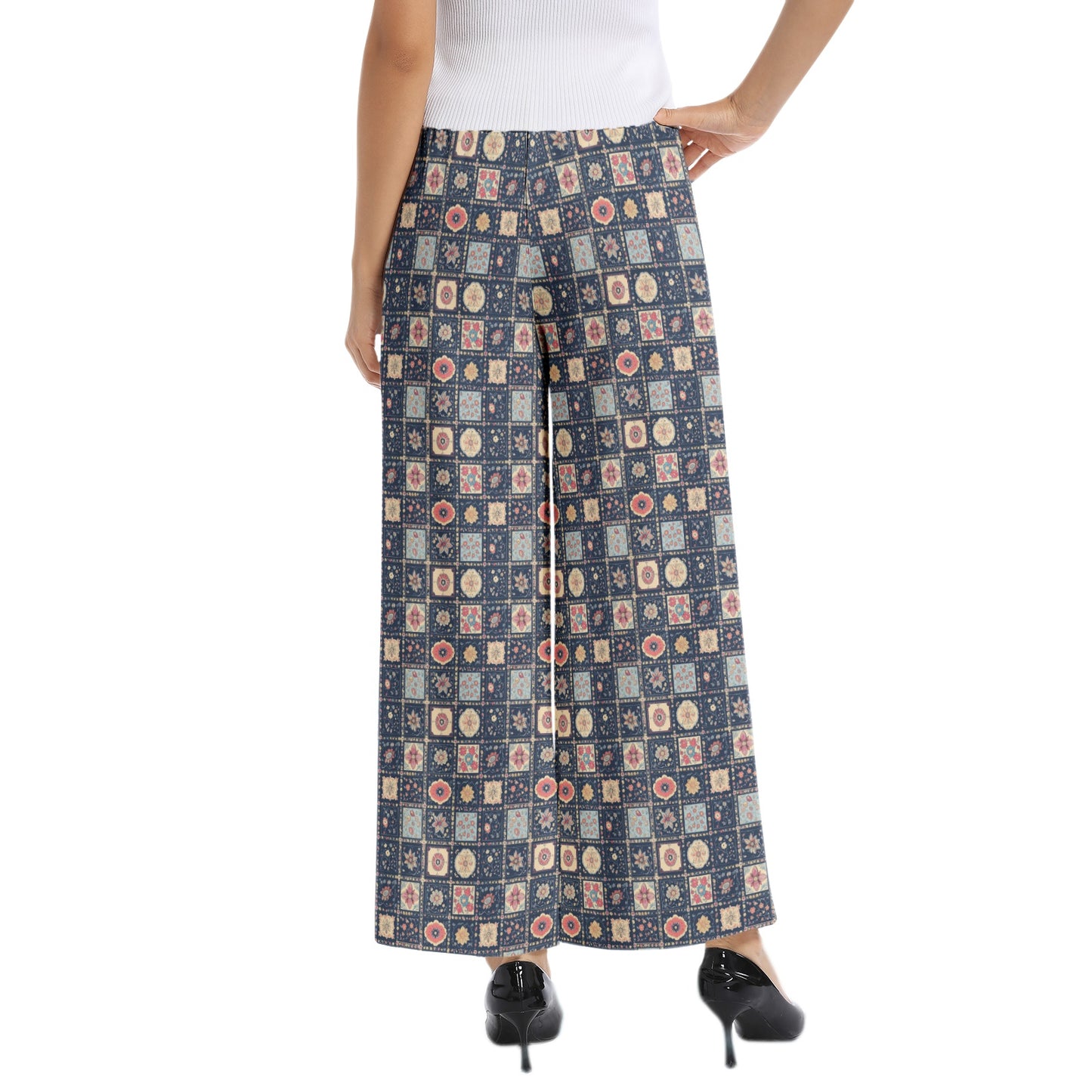 Ladies Pastel Breathable Geometric Elastic Waist Wide Leg Pants