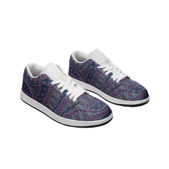 Unisex Low Top Leather Vibrant Blue and Purple HuesEthnic Tile Pattern Design Sneakers Printy6