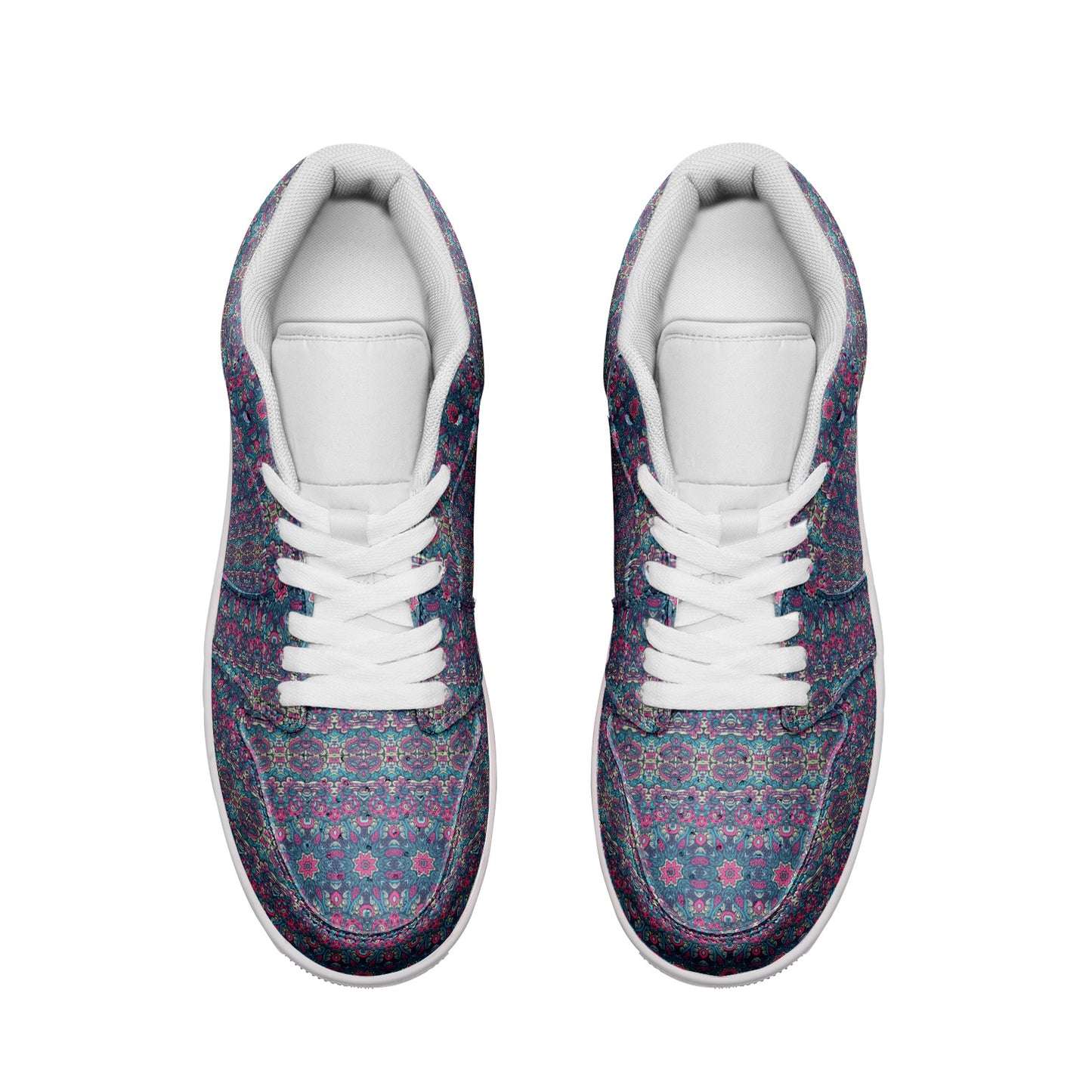 Unisex Low Top Leather Vibrant Blue and Purple HuesEthnic Tile Pattern Design Sneakers