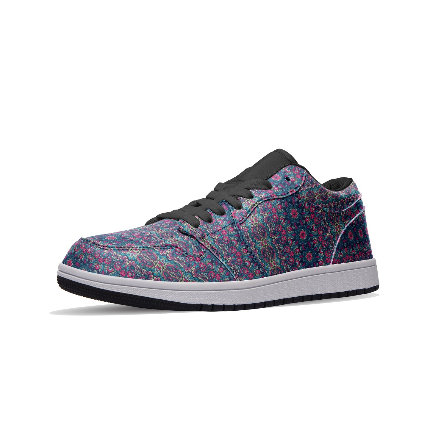 Unisex Low Top Leather Vibrant Blue and Purple HuesEthnic Tile Pattern Design Sneakers