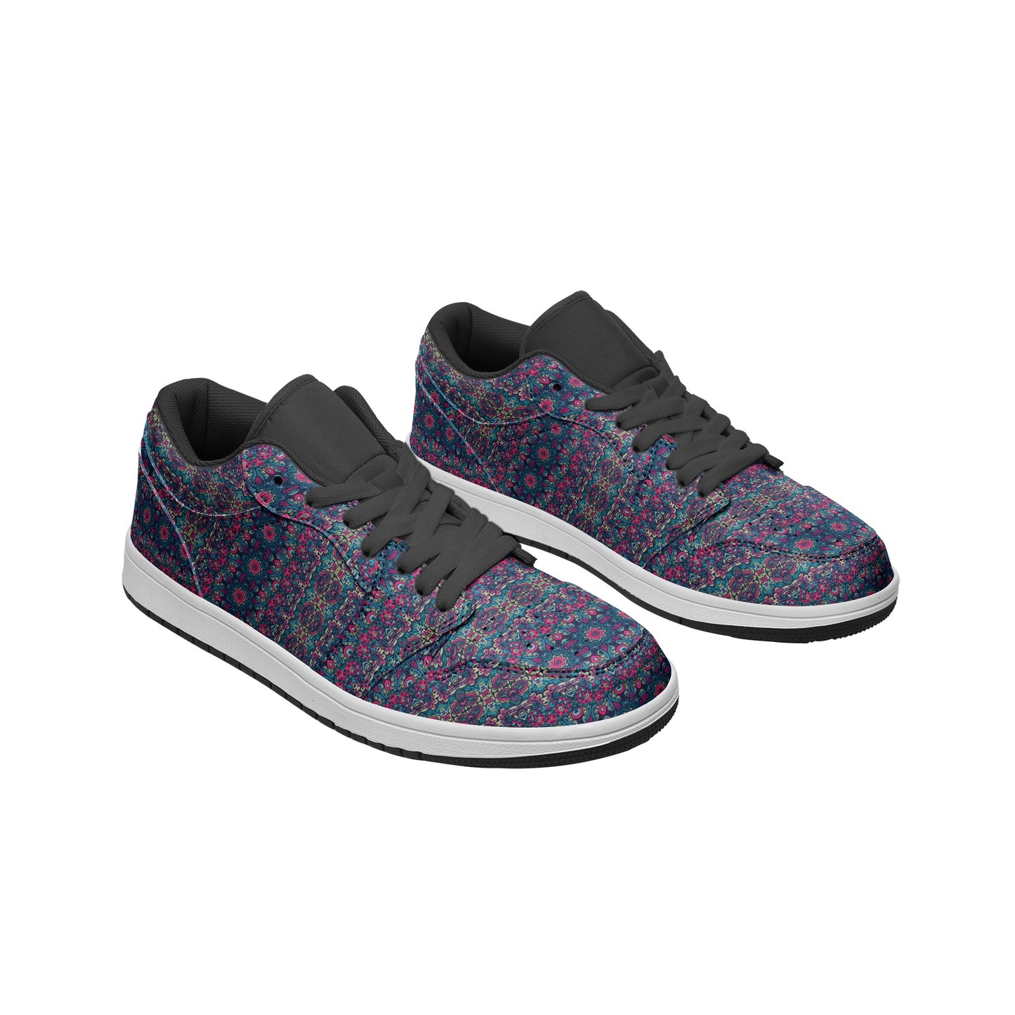 Unisex Low Top Leather Vibrant Blue and Purple HuesEthnic Tile Pattern Design Sneakers