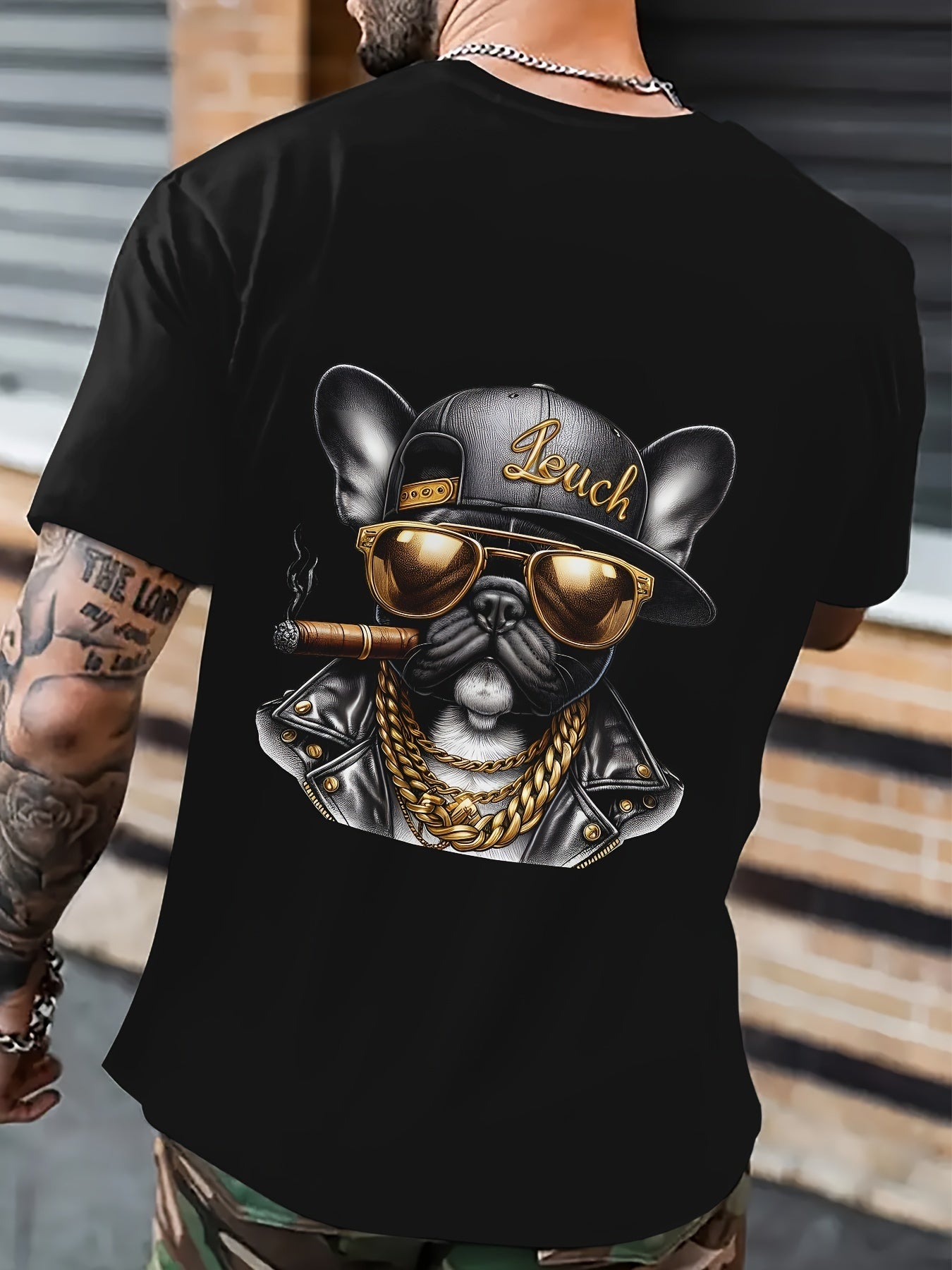 Cool Hip-hop Dog Gold Chain Pattern Print, Men's Round Neck Short Sleeved T-shirt, Casual Men's Top