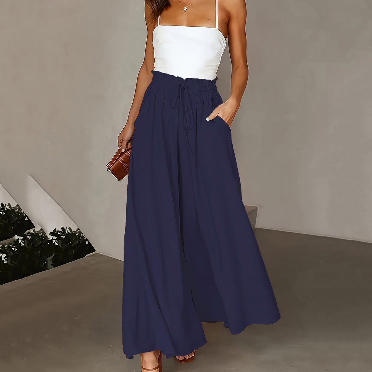 Plus Size Wide Leg Pants - Stylish Solid Paper Bag Waist Design, Elegant Pocket Tie Front, Loose Fit Comfort