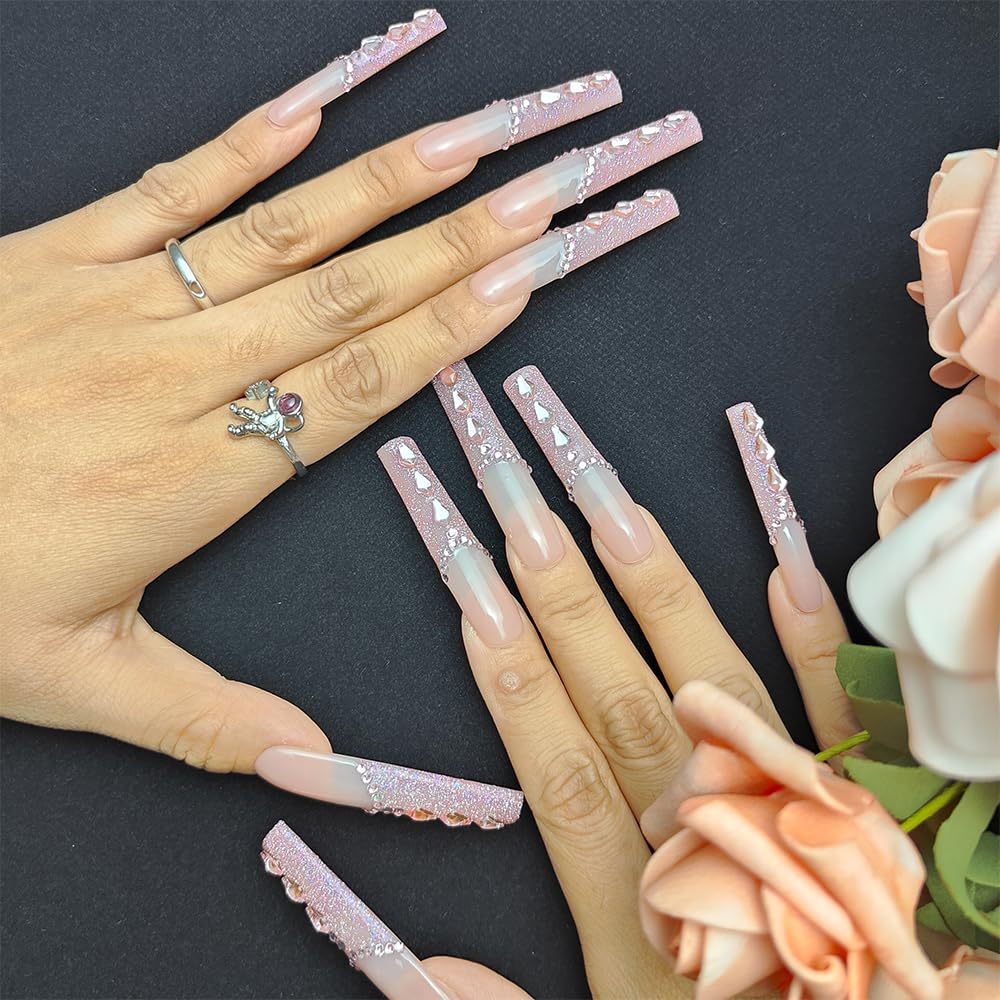 New Shiny Crystal Long Press on Nails with Diamonds