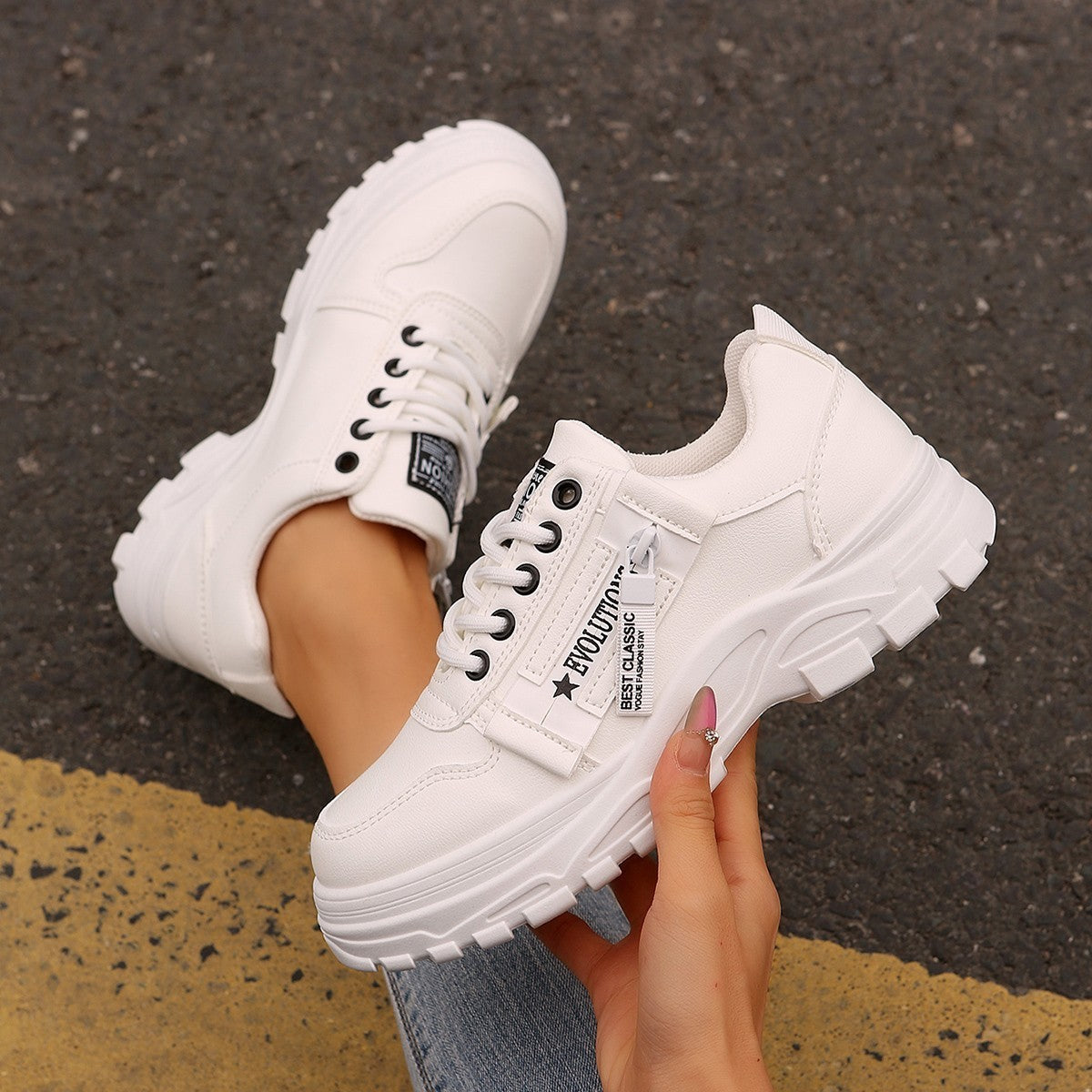 Lace-up Sports Shoes With Side-Zipper Design | Fashion Thick-soled Round-toe Casual Shoes For Women Sneakers