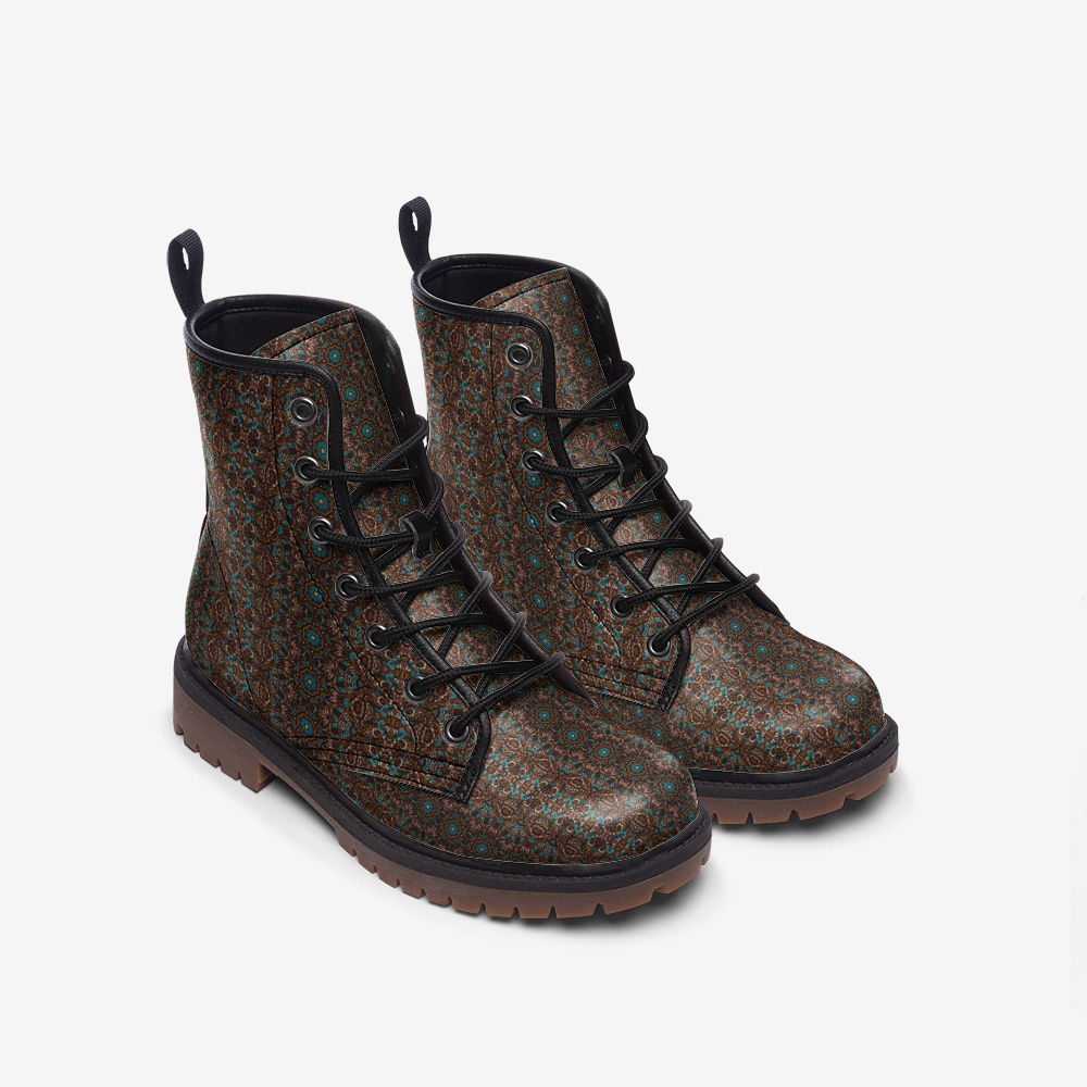 Unisex Casual Leather Lightweight Brown Teal Blue Ethnic Textile Pattern Design boots MT