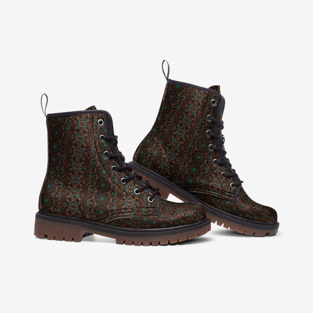 Unisex Casual Leather Lightweight Brown Teal Blue Ethnic Textile Pattern Design boots MT