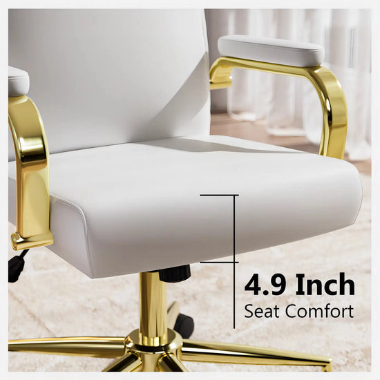 Executive Stylish White Leather Office Chair High Back with Gold Arms and Wheels | Excellent Back Support The Aurora Touch