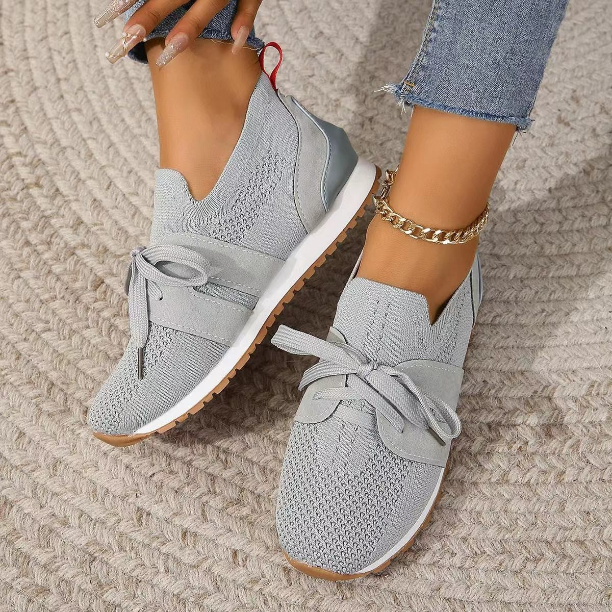 New Lace Up Mesh Flats For Women Breathable Casual Walking Shoes