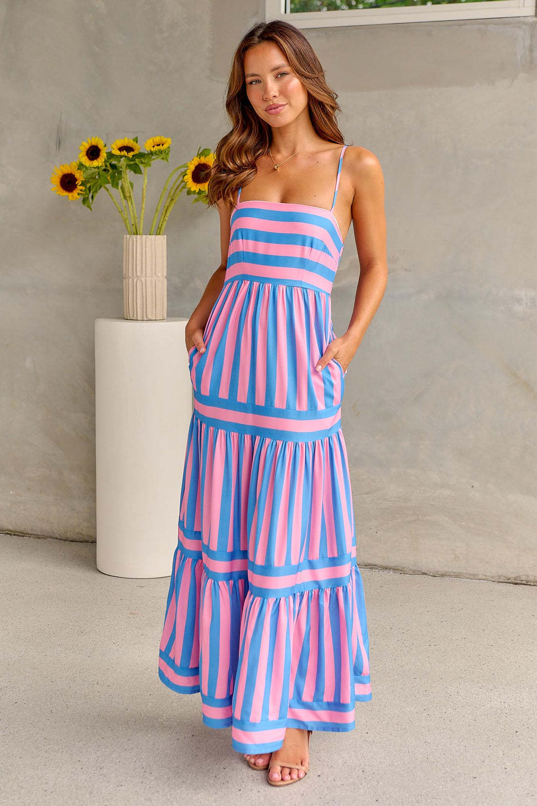 Summer Striped Printed Suspender Long Dress With Pockets | Fashion Square Neck Backless Dress