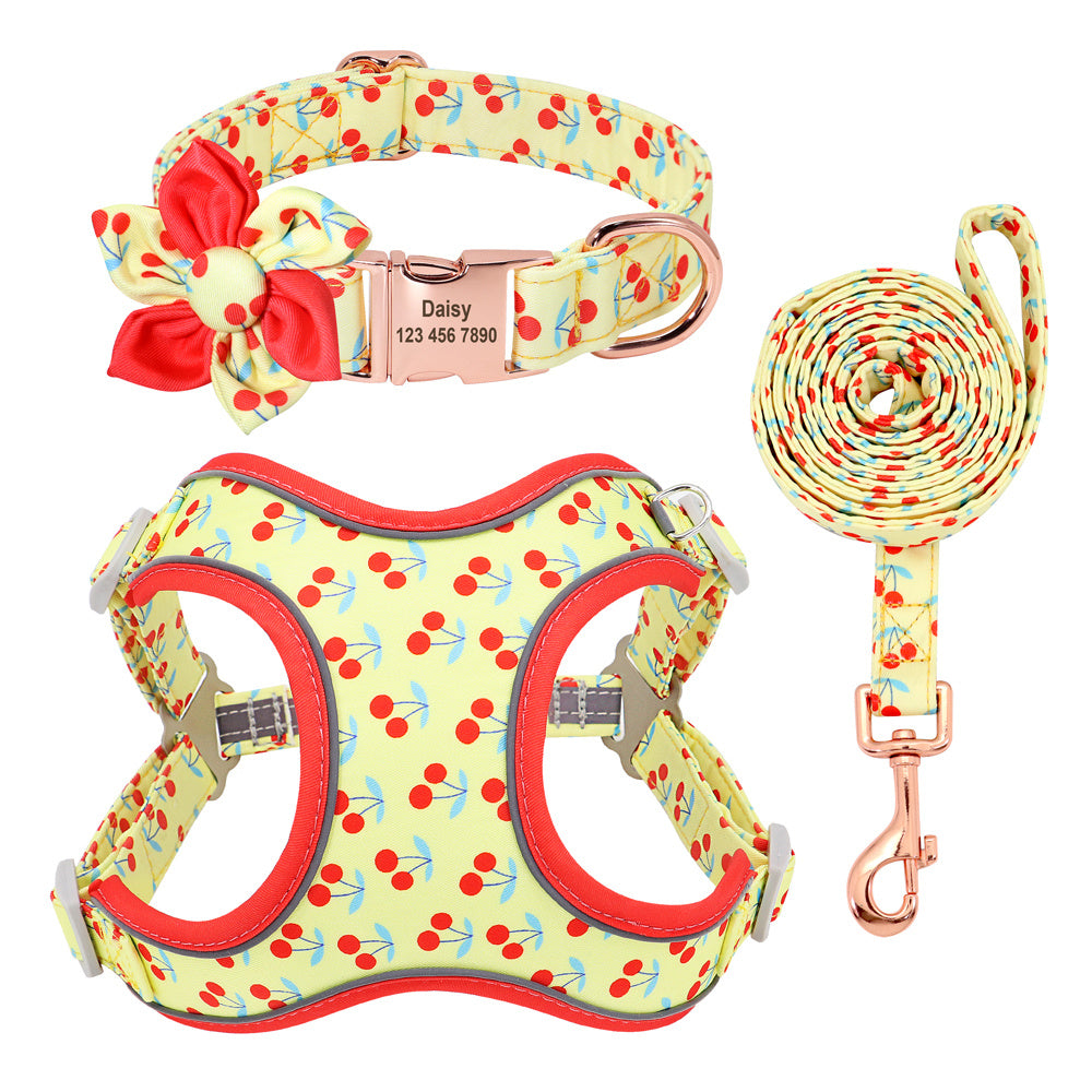 Personalized Floral Dog Harness & Leash Set - Custom Name Small Dog Collar - Adjustable Puppy Walking Gear - Matching Boutique Pet Accessories