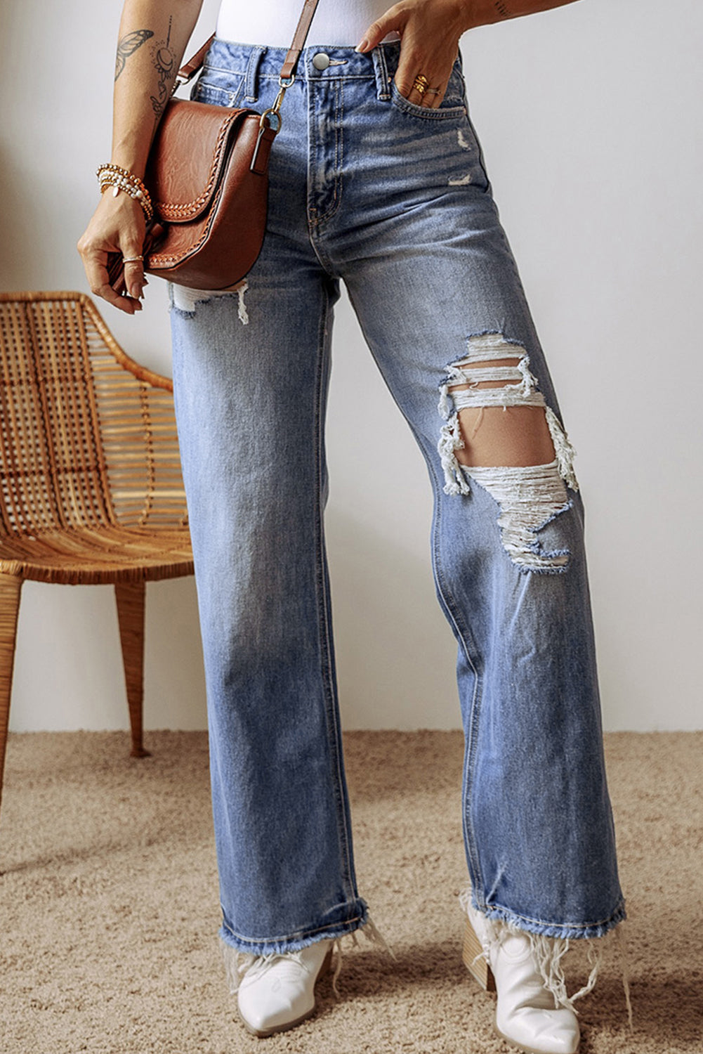 The Aurora Touch Blue Distressed Raw Hem Straight Leg High Waist Jeans