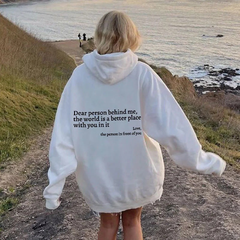 Women's Plush Letter Printed Kangaroo Pocket Drawstring Printed Hoodie