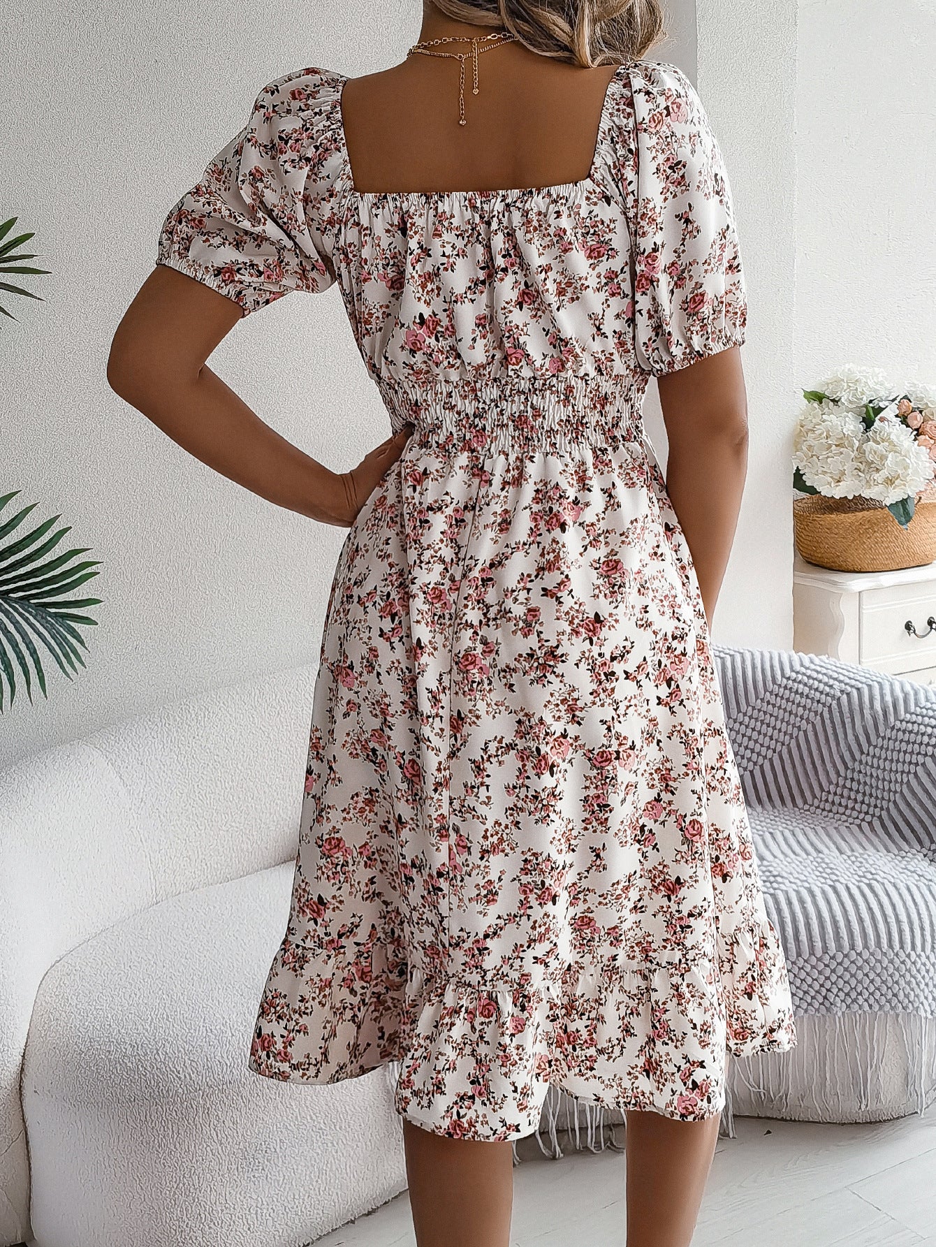 Vestido de cuello cuadrado con estampado floral, moda de verano, vestidos con volantes, ropa de mujer