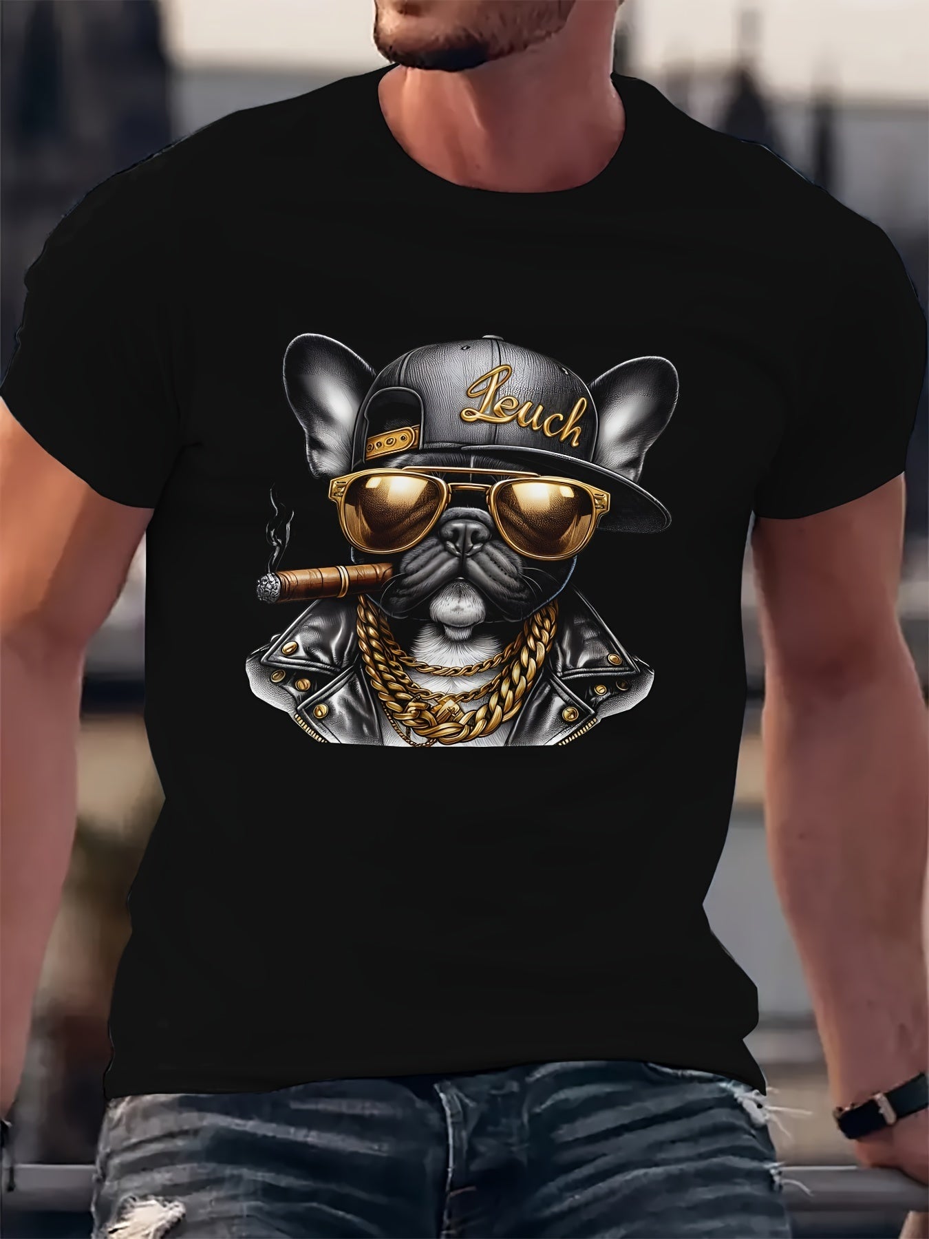 Cool Hip-hop Dog Gold Chain Pattern Print, Men's Round Neck Short Sleeved T-shirt, Casual Men's Top