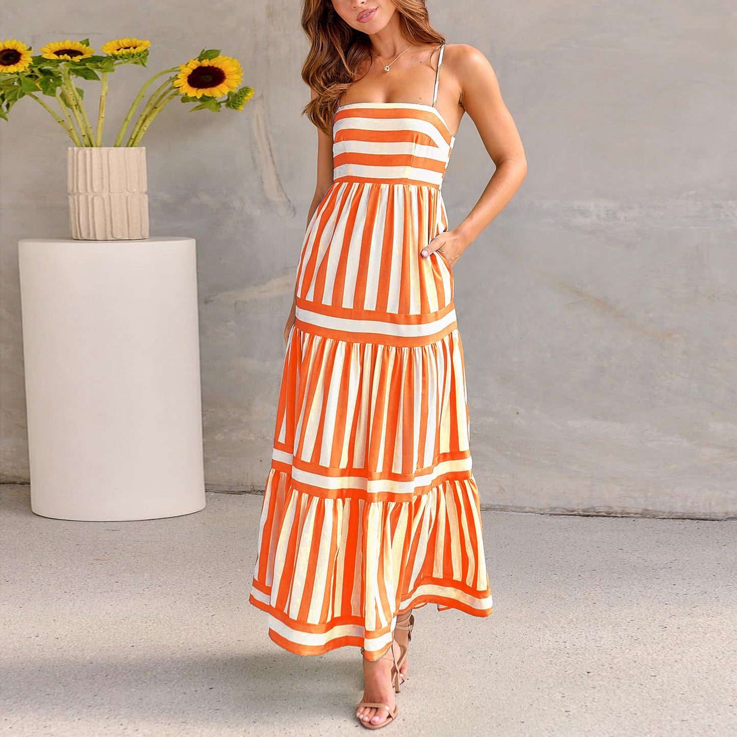 Summer Striped Printed Suspender Long Dress With Pockets | Fashion Square Neck Backless Dress