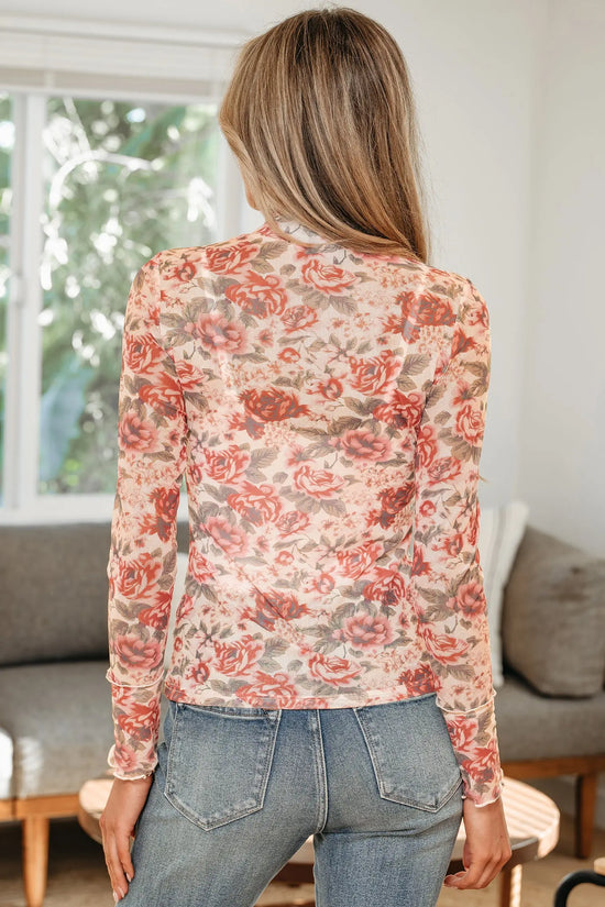 Floral Print Mesh Long Sleeve Top - The Aurora Touch