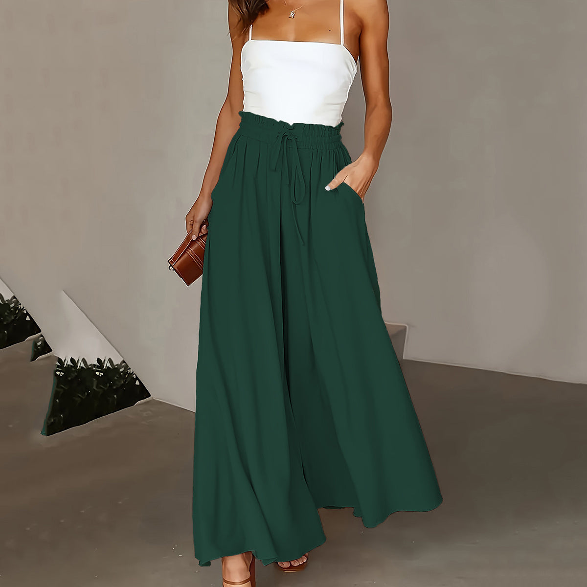 Plus Size Wide Leg Pants - Stylish Solid Paper Bag Waist Design, Elegant Pocket Tie Front, Loose Fit Comfort