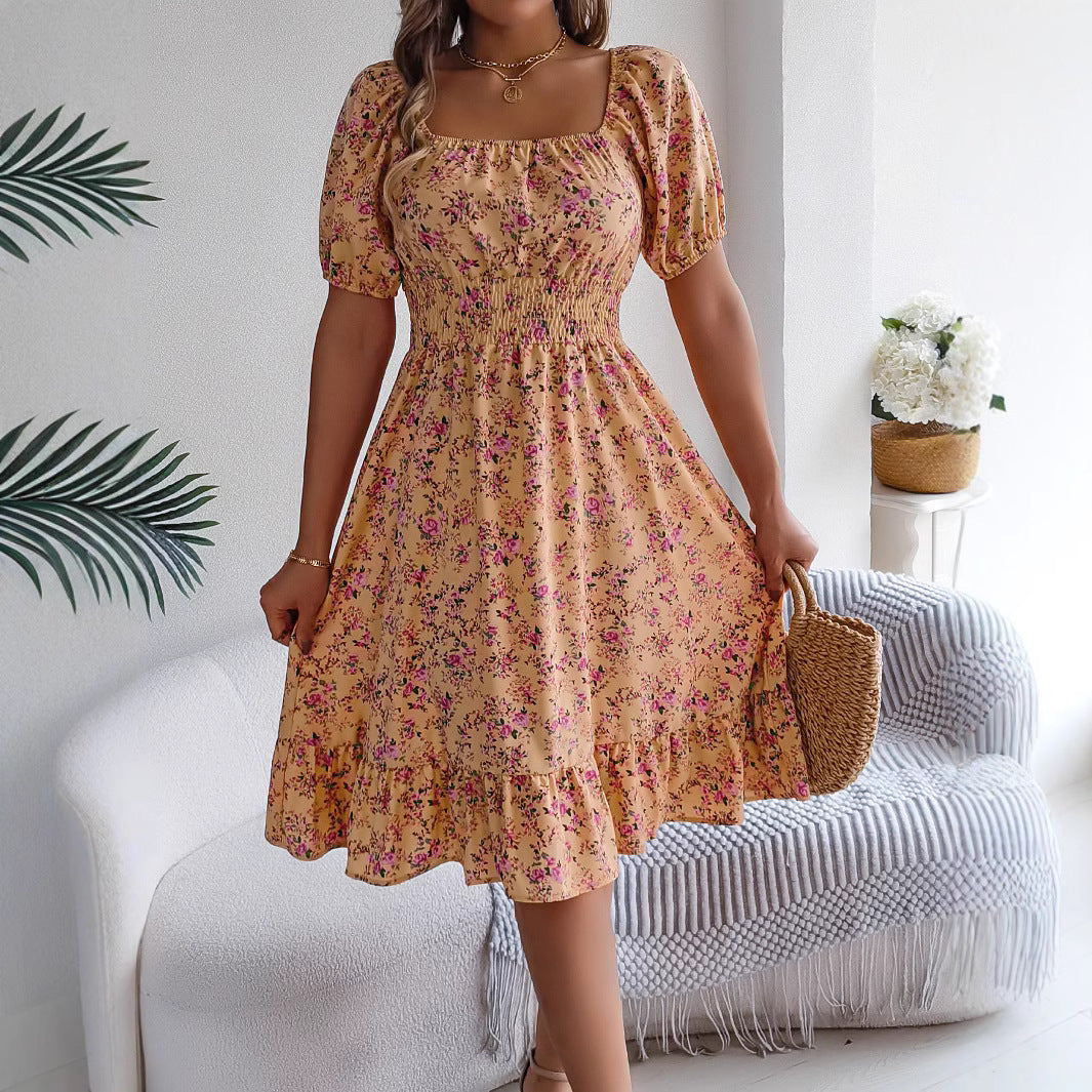 Vestido de cuello cuadrado con estampado floral, moda de verano, vestidos con volantes, ropa de mujer