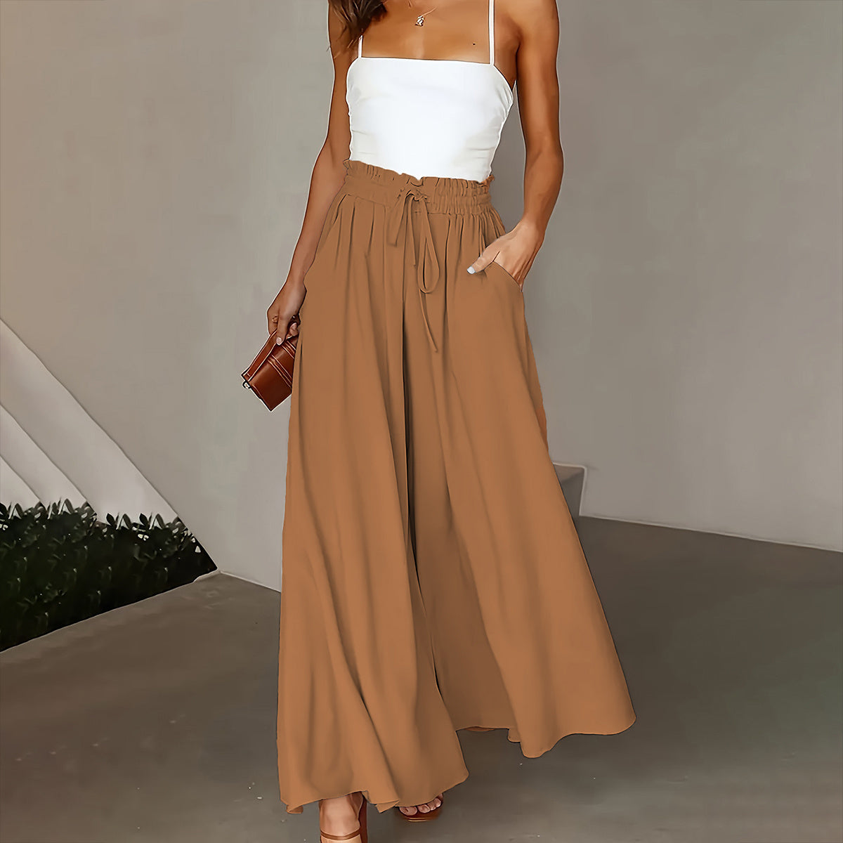Plus Size Wide Leg Pants - Stylish Solid Paper Bag Waist Design, Elegant Pocket Tie Front, Loose Fit Comfort
